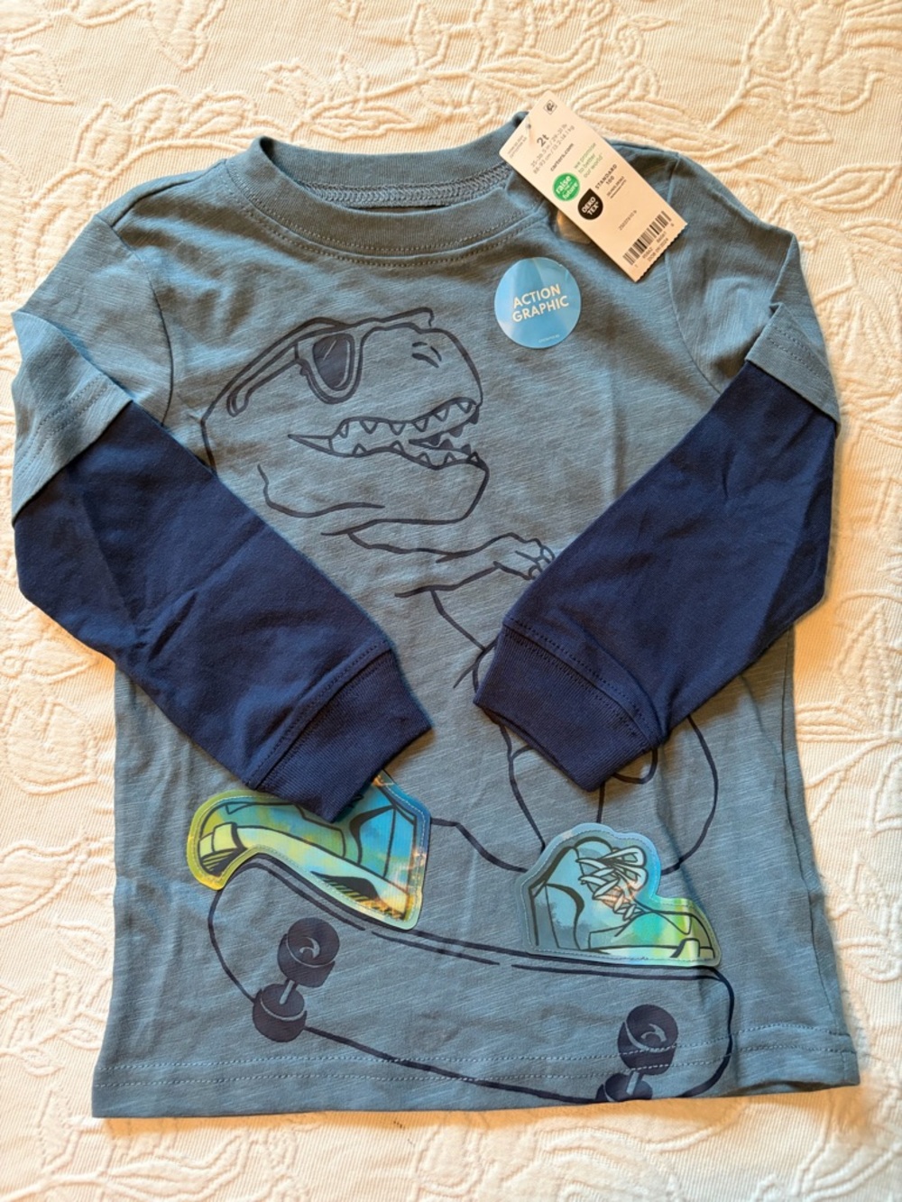 Carters 2T new Kids Blue Dino Skate Long-Sleeve Tee